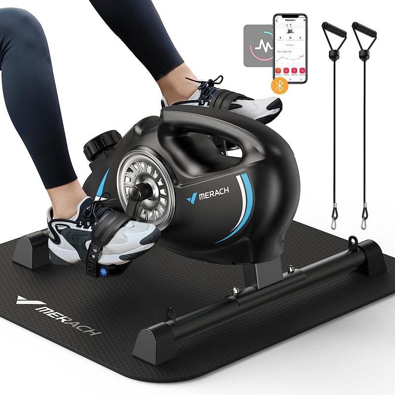 Under Desk Bike Pedal Exerciser, Quiet Magnetic Mini Exercise Bike with  App for Arm, Leg Recovery, Physical Therapy, Smooth Foot Desk Cycle with 2 Resistance Bands & Non-Slip Mat