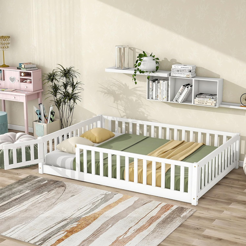 With Safety Fence And Door, Wood Montessori Floor Bed