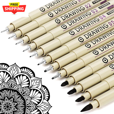 Micro Fineliner Drawing Art Pens: 12 Black Fine Line Waterproof Ink Set Artist S