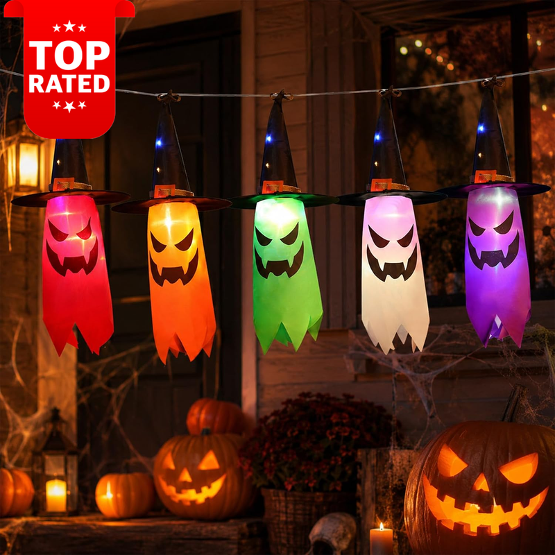 Lighted Hanging Colorful Glowing Ghost Witch Hat Halloween Decorations 2023