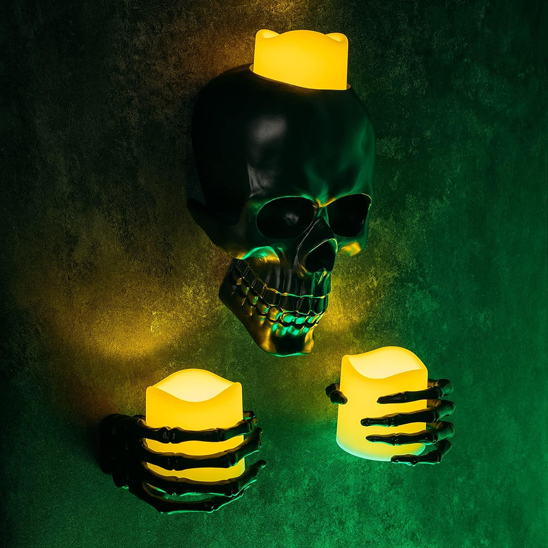 Flickering Wall Candle, Halloween 3 Skeleton Skull and Hand Candles Holder D&eacute;cor