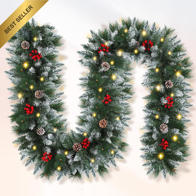 9Ft Christmas Garland Lights Battery Operated Home Stairs Fireplace Decor