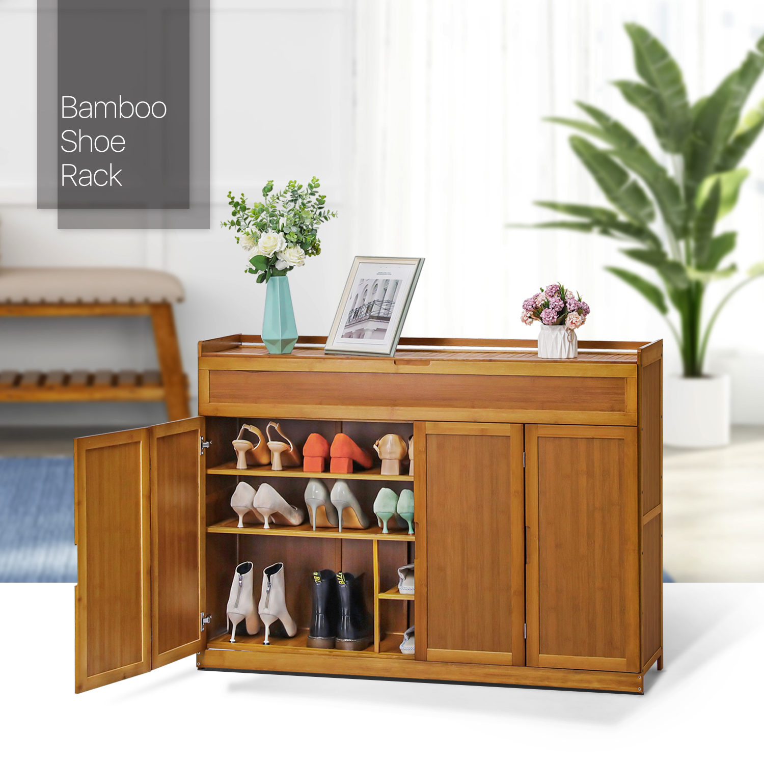 46" Bamboo[BOOT STORAGE ROOM]2 Bifold Door 5-Tier Shoe Cabinet w/Top Compartment