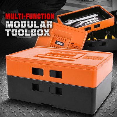 Гаражная мастерская с запирающимся пластиковым модульным ящиком для инструментов на 2 ящика оранжевого цвета