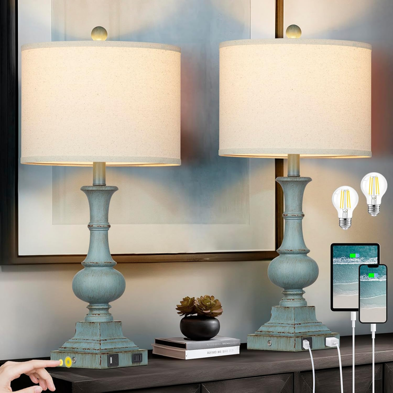 Farmhouse Table Lamps Set of 2, Rustic Touch Control Bedside Lamps with 2 USB Ports & AC Outlet, Vintage Resin 3-Way Dimmable Nightstand Lamp Linen Fabric Shade for Living Room Bedroom Decor Blue
