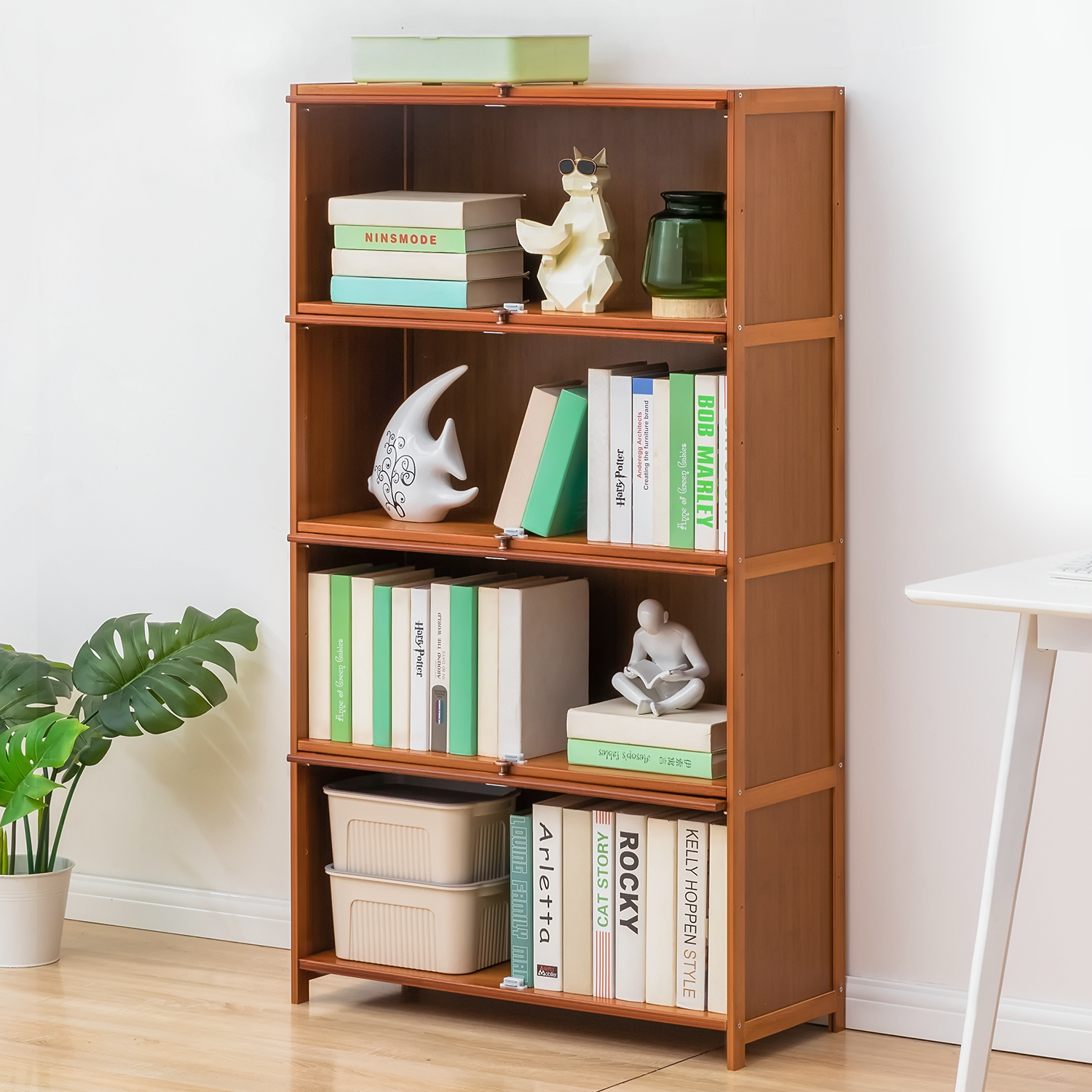 32"Bamboo 4-Layer Flip-Up [ACRYLIC DOORS] Bookshelf Toys Figures Display Cabinet