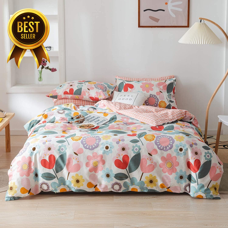 Queen 100% Cotton Reversible Floral and Plaid Duvet Cover Set