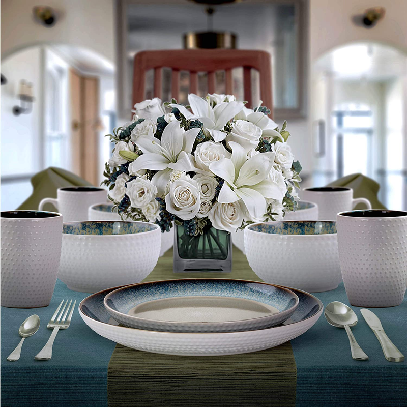 round Stoneware Contemporary Dinnerware Dish Set, 16 Piece, Warm Taupe with Blue