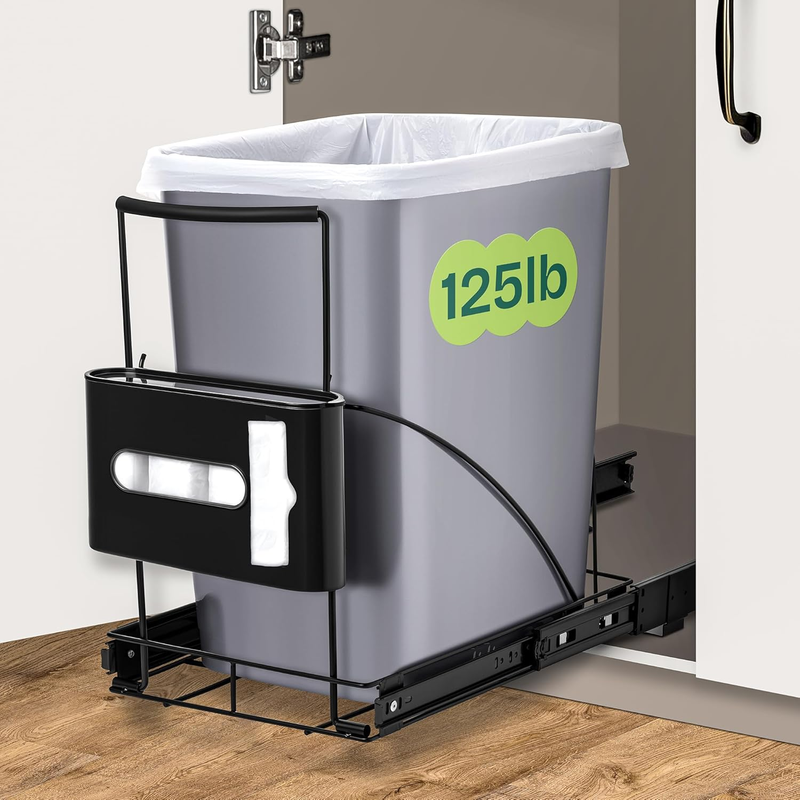 Pull Out Trash Can under Cabinet Shelf - under Sink Trash Can Pull Out Slider for 30–40 Quart Cans up to 125 Lb - Cabinet Trash Can Pull Out Kit W/Garbage Bag Holder - (Can Not Included)