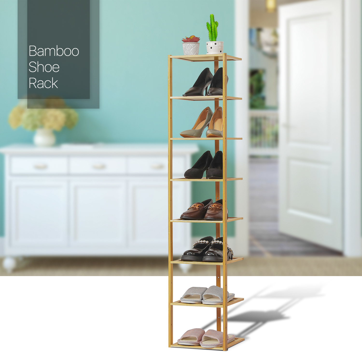 11"Bamboo Entryway[FREESTANDING SHOE RACK]High Heel Storage Stand Corner Shelves