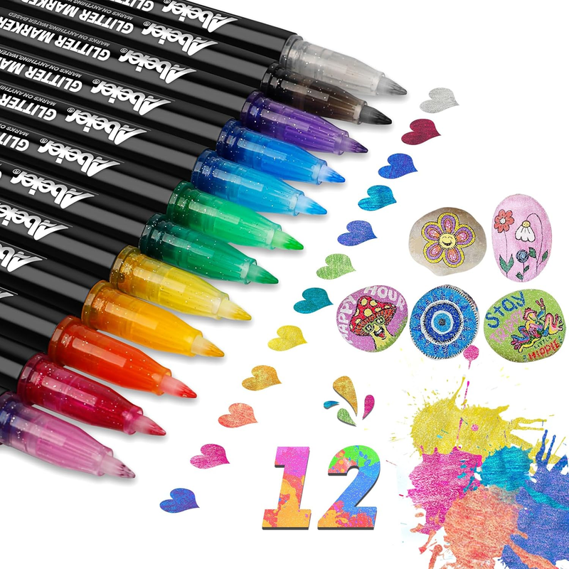 Glitter Markers Pens, 12 Colors Sparkle Acrylic Metallic Paint Pens, Fine Point