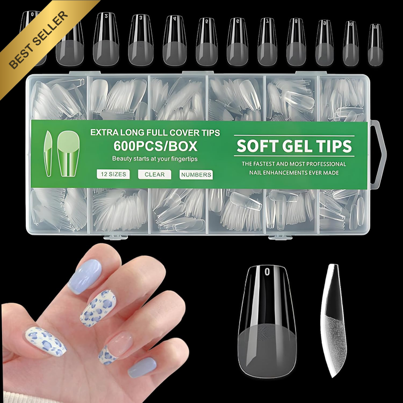 600Pcs False Nail Tips, 12 Sizes Pre-Shape Press on Nails Clear Half Frosted Nai