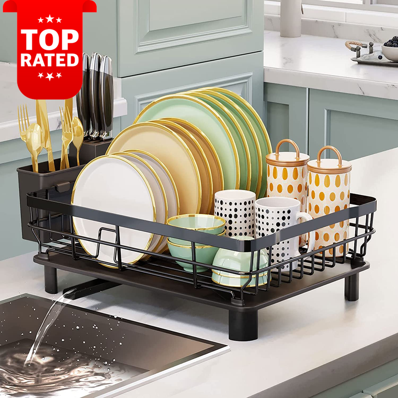 Iron Dish Drying Rack with Drainboard Utensil Holder Knife Slots Black