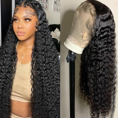 13x6 Deep Wave Lace Front Wigs Human Hair Pre Plucked Deep Curly HD Lace Fron...
