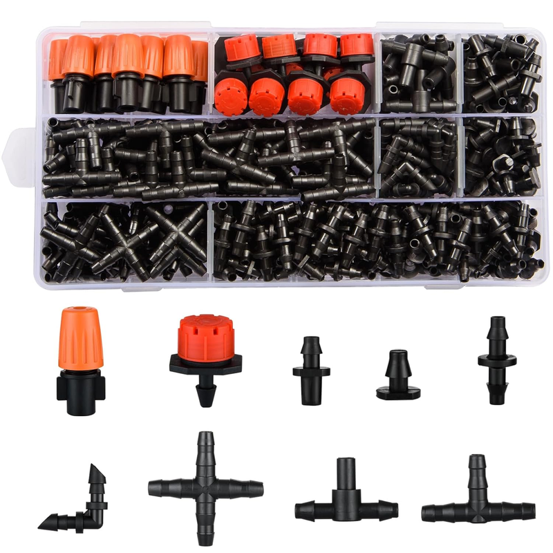 300Pcs Drip Irrigation Fittings Kit for 1/4 Tubing Emitters Nozzles Connectors