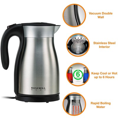 Stainless Steel Electric Kettle 1.7L Vacuum Insulated Water Boiler, 1500W