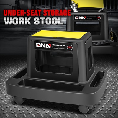 Передвижное сиденье для подвижной мастерской механика по ремонту гаражей с лотком для хранения инструментов желтого цвета