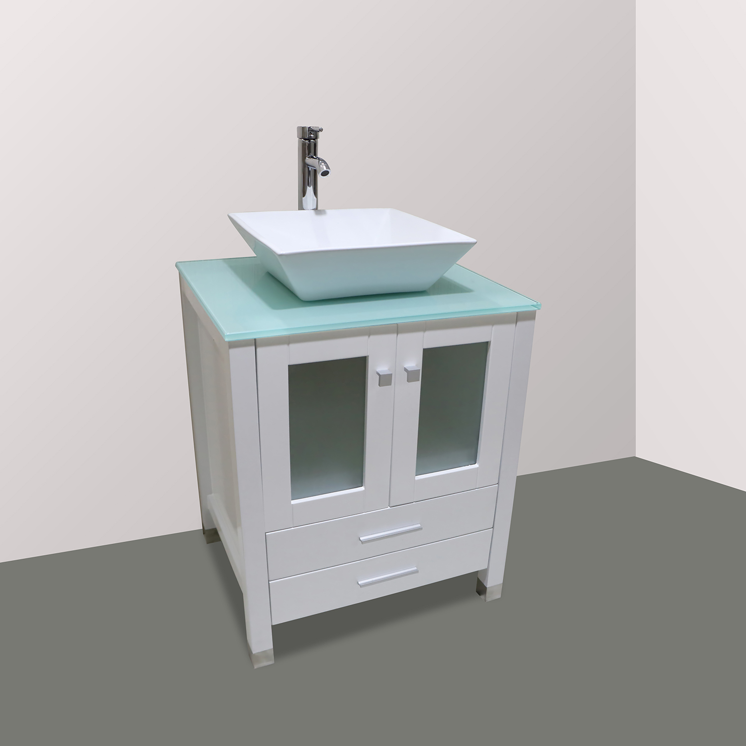 24" White Bathroom Vanity Solid Cabinet Ceramic Vessel Sink W/ Faucet