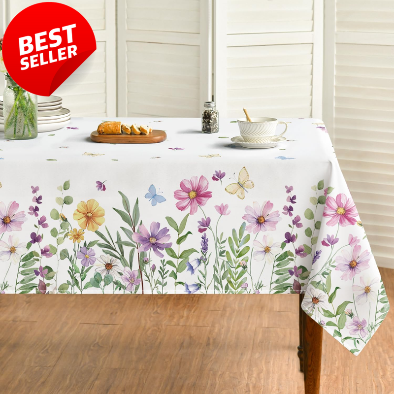 Spring Tablecloth 60x84 Rectangle Wildflowers Floral Butterfly Washable - US