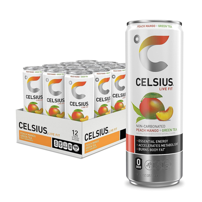 CELSIUS Peach Mango Green Tea, Essential Energy Drink 12 Fl 