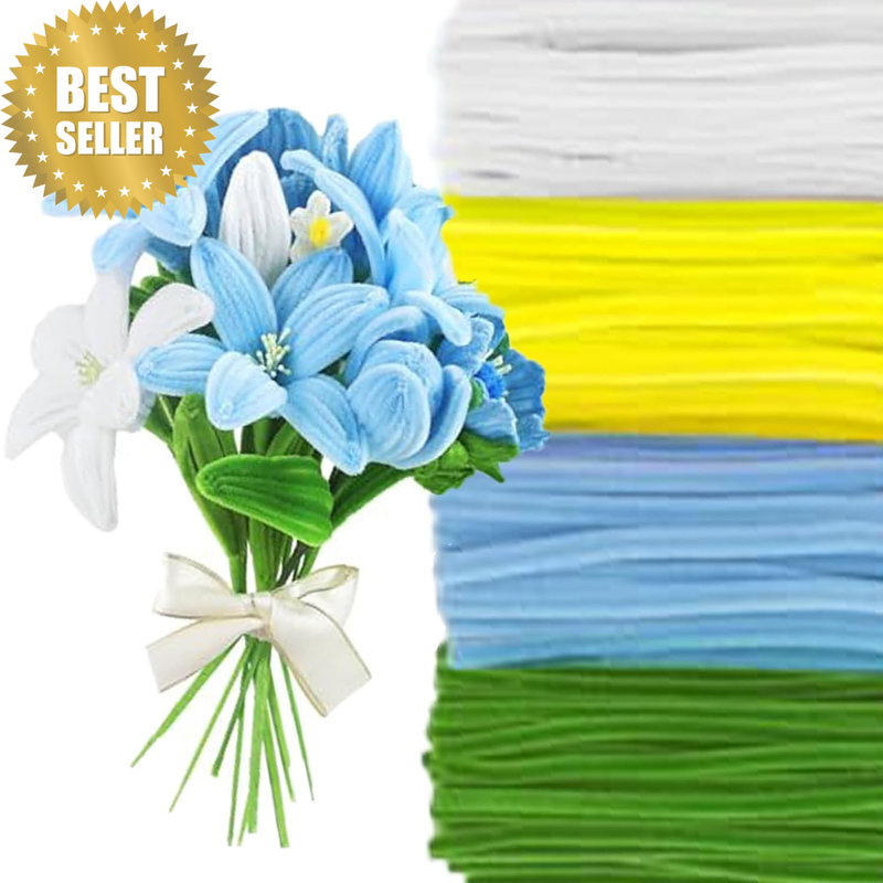 400 Pcs Blue Yellow Pipe Cleaners Craft for Flowers, 4 Colored Pipe Cleaner Flow
