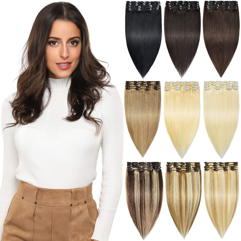 Extensiones De Cabello100% Humano Natural Marron Oscuro 10¨ Remy Clip 18Piezasne