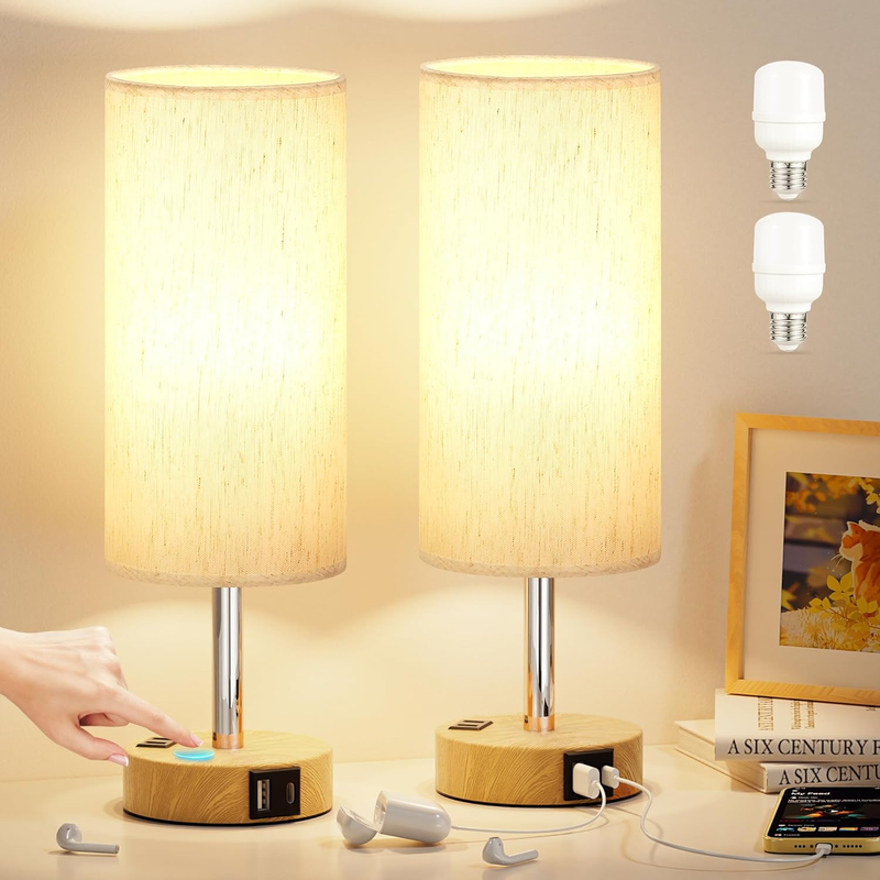 Table Lamp for Bedroom Set of 2 - Touch 3 Way Dimmable Bedside Lamps with USB C