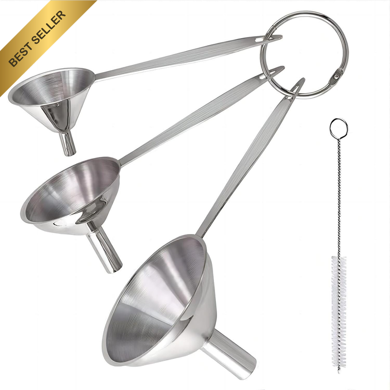 3 Pcs Stainless Steel Kitchen Funnel Set Mini Metal Bottle Filling Brush