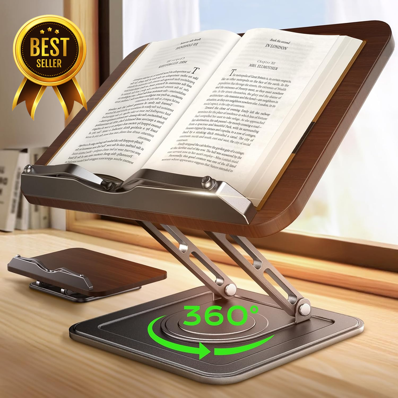 Book Stand for Reading, 360° Rotating Holder with Page Clip, Ergonomic