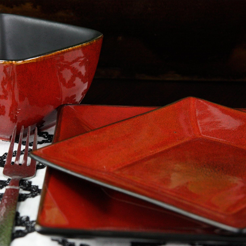 Stoneware Square Dinnerware Dish Set, 16 Piece, Solid Red