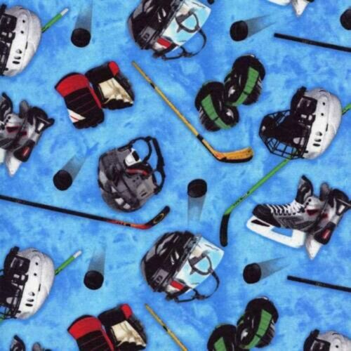 Sports Collection Hockey Equipment Blue 100% Cotton Fabric by The Yard
