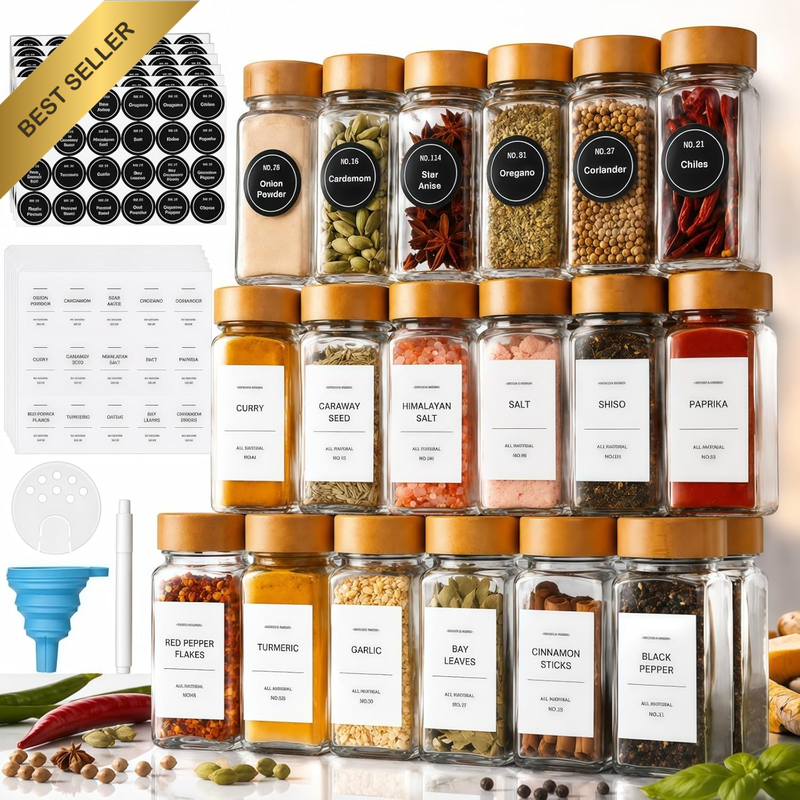 24 Pcs Glass Spice Jars with Bamboo Lids, Airtight Seal for Spice Storage, Inclu