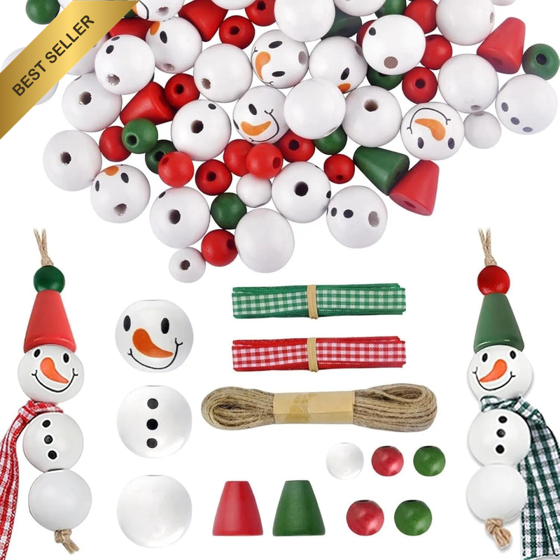 Christmas Beads for Holiday Crafting with Snowman Design, DIY Wooden Beads Kit w