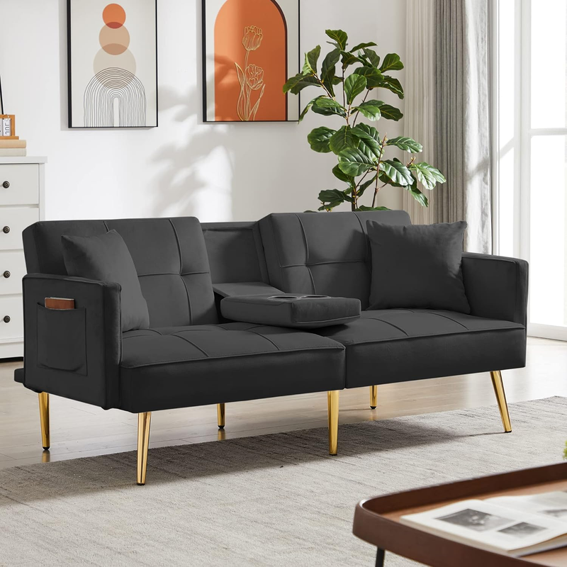Velvet Futon Sofa Bed with Cup Holder,Velvet Small Loveseat Sleeper Bed, Modern