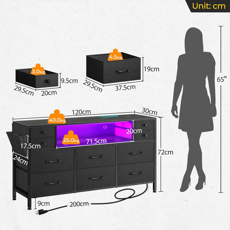 Dresser with Power Outlets and LED Lights, 10 Small Drawers Dresser with Side Po