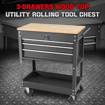 Шкаф для хранения комода-тележки с деревянной столешницей на колесиках с 3 выдвижными ящиками и ключами