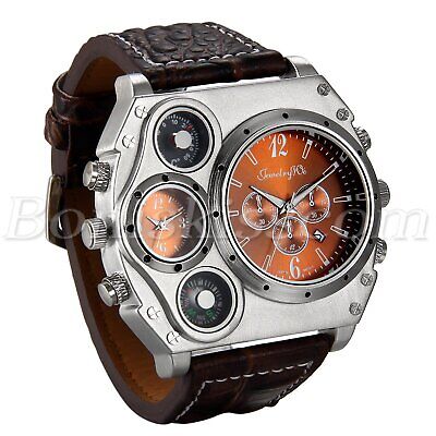 Men Army Sports Fashion Two Time Zones Big Dial Leather Strap Quartz Wrist Watch