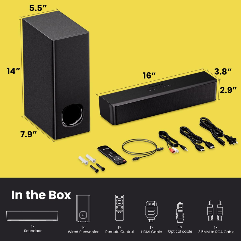 2.1 Compact Sound Bars for TV with Subwoofer, HDMI Arc/Bluetooth 5.0/Optical/Aux