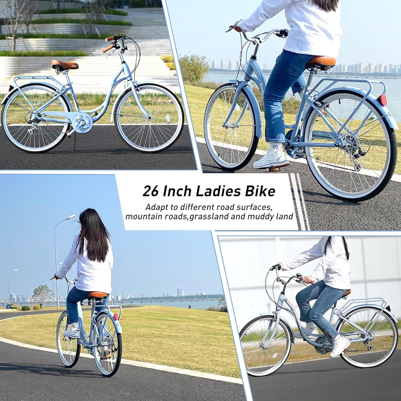 Womens Beach Cruiser Bike 26 Inch Bicycles for Women Adjustable Seat, 7 Speed Co