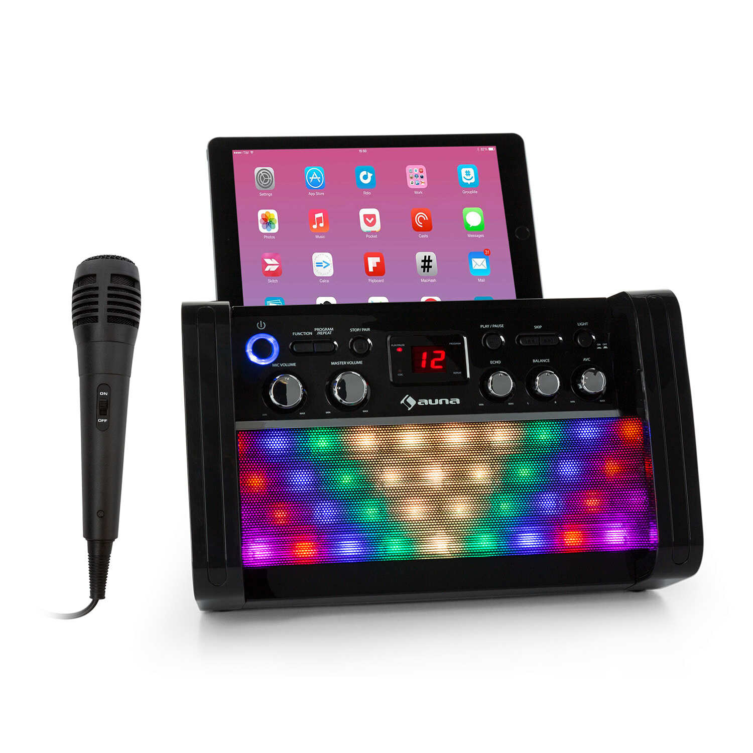 Karaokeanlage Bluetooth Lautsprecher Party Disco LED CD Player Mikrofon schwarz