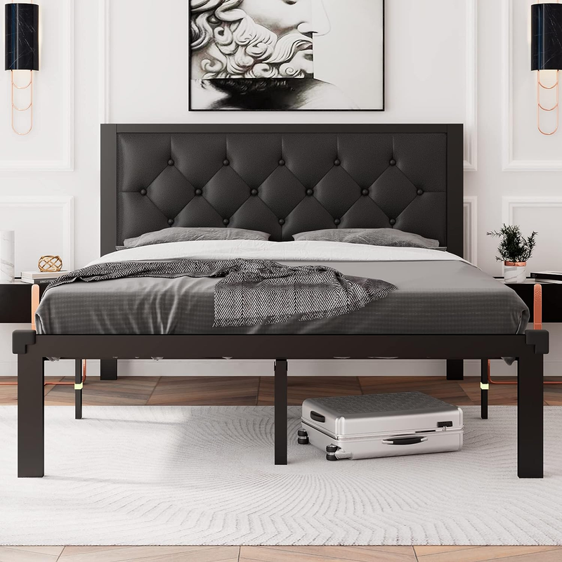 Queen Size Metal Bed Frame with Faux Leather Button Tufted Headboard, Heavy-Duty