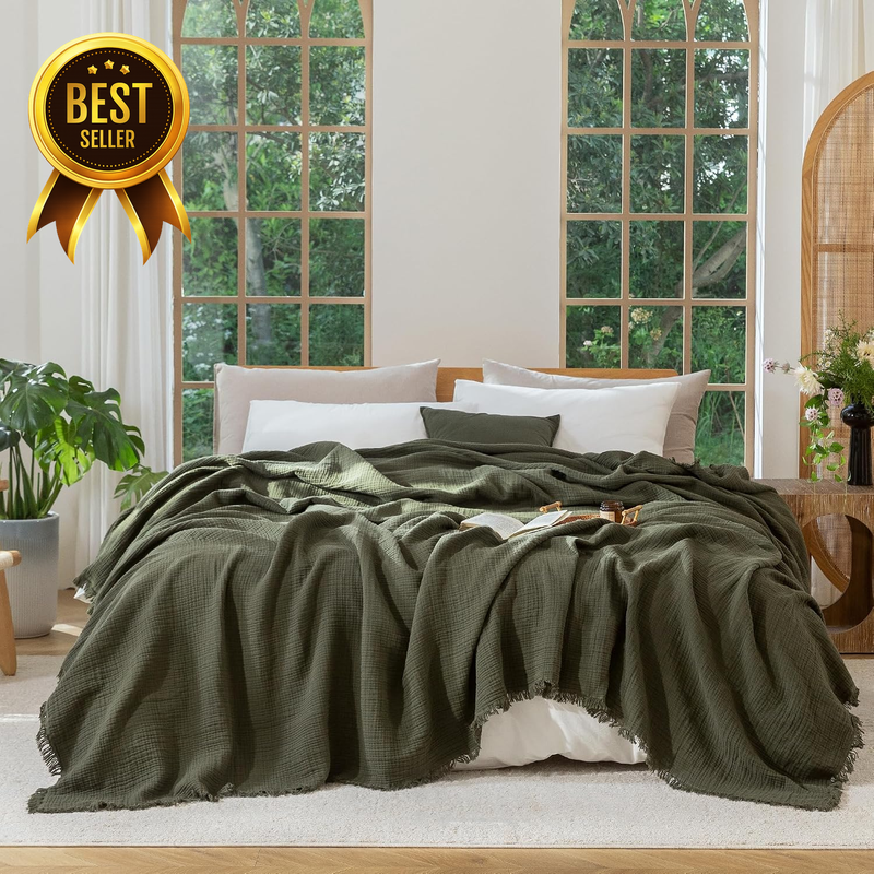 100 Percent Cotton Muslin Blanket Fringed Gauze Throw