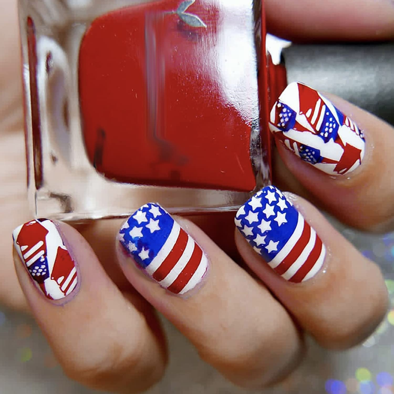 24 Pcs Independence Day Press-On Nail Kit Full Cover USA Flag Blue Red White New