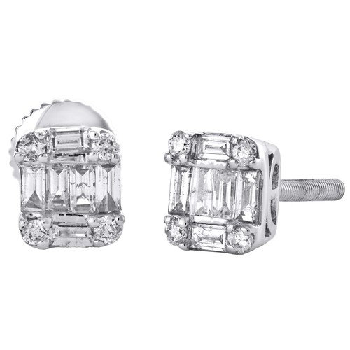 Pre-owned Jfl Diamonds & Timepieces 14k White Gold Round & Baguette Diamond 6.25mm Mini Square Stud Earrings 0.37 Ct