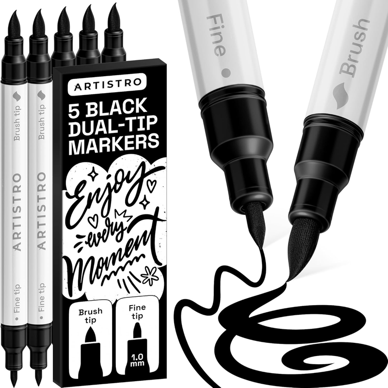 ARTISTRO 5 Black Acrylic Paint Pens Dual-Tip Brush+Fine for Fabric & Rock