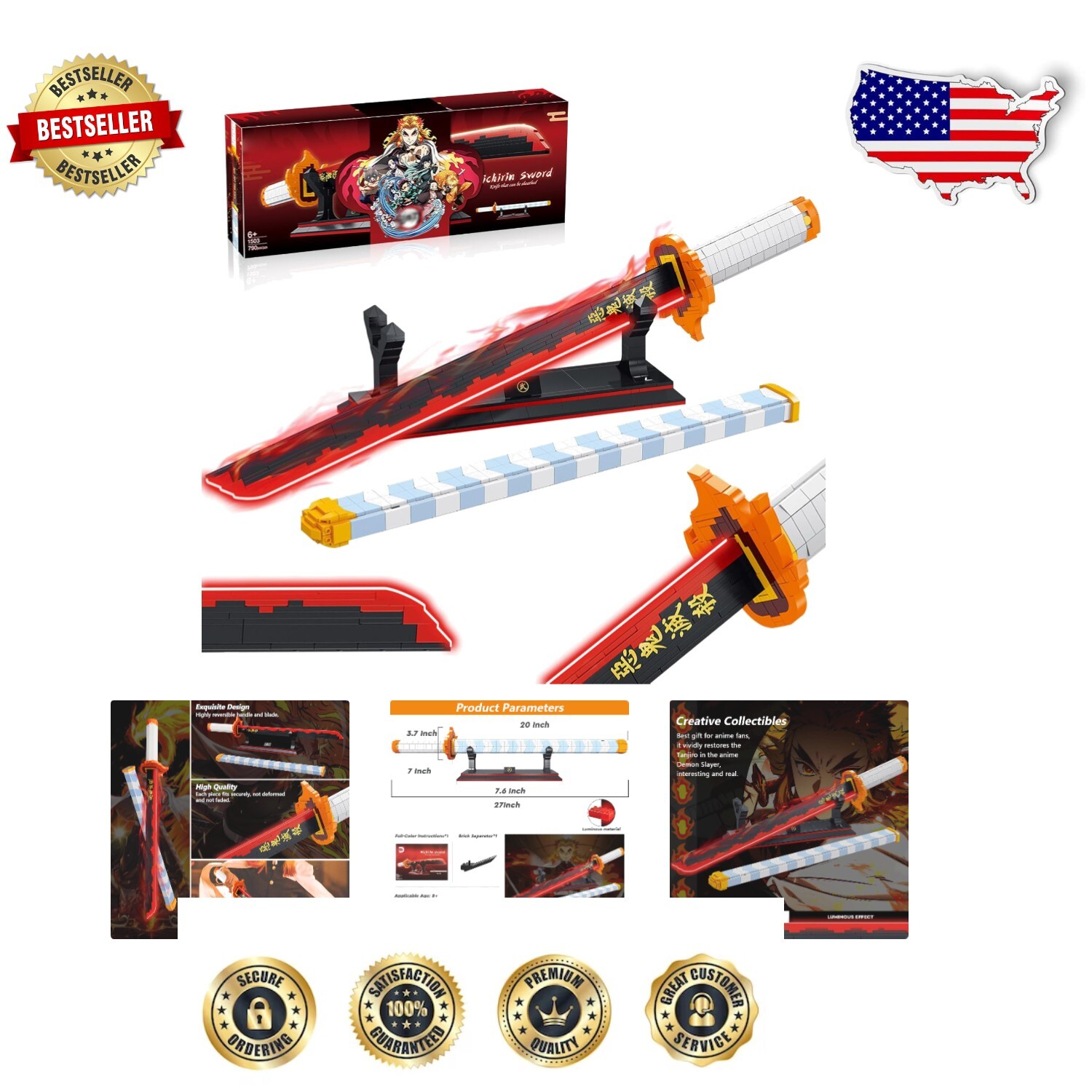 Lego-Compatible 790-Piece Rengoku Sword Set with Scabbard