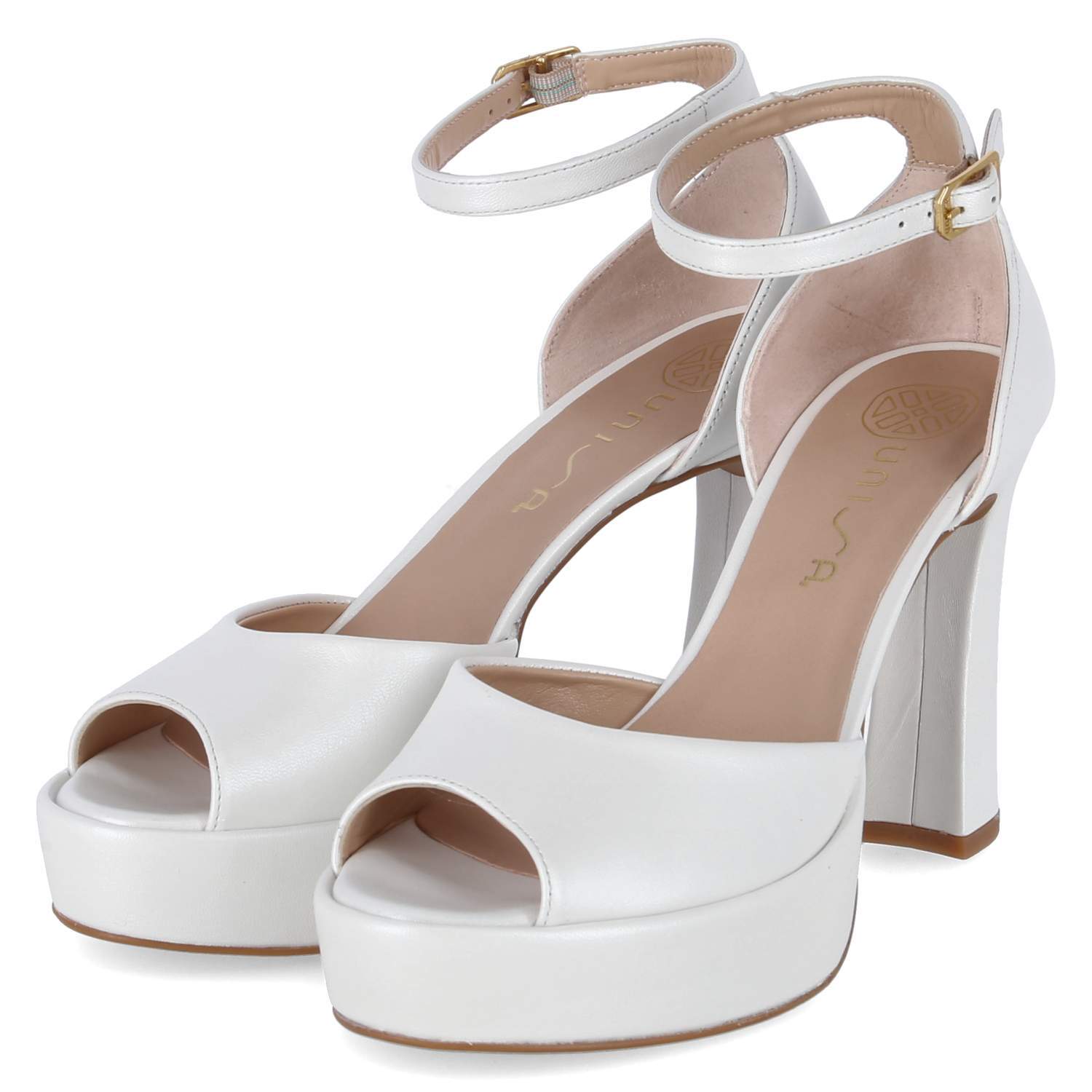Pre-owned Unisa Brautschuhe Riemchen-sandaletten Vejer Weiss Leder Plateau Blockabsatz