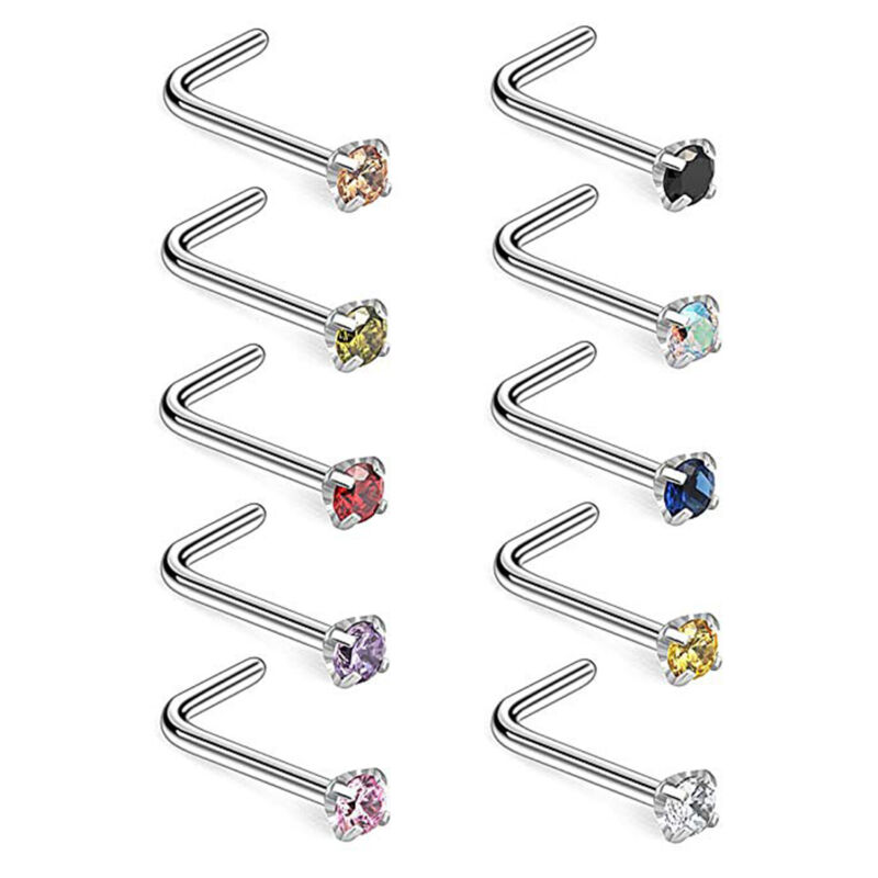 10pcs 18g Surgical Steel Color Cz Nose Stud Rings L Shaped Body Piercing Jewelry