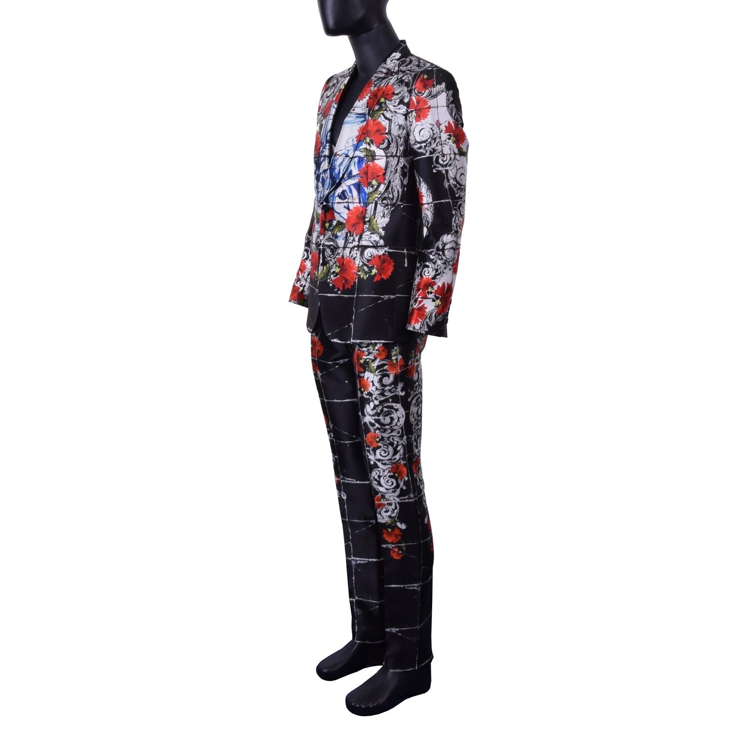 Pre-owned Dolce & Gabbana 3-piece Torero Carnation Print Silk Suit Black White Red 06908