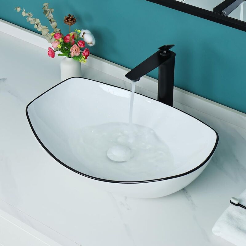 22''X15.7'' White Oval Ceramic Vessel Sink W/ Black Trim Sink Bowls For Bathroom